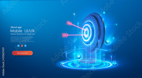 The concept of a target with a glowing hologram of the target and an arrow hitting the center. Growth strategy or financial goal concept. Symbolic goals achievement, success, victory. Vector