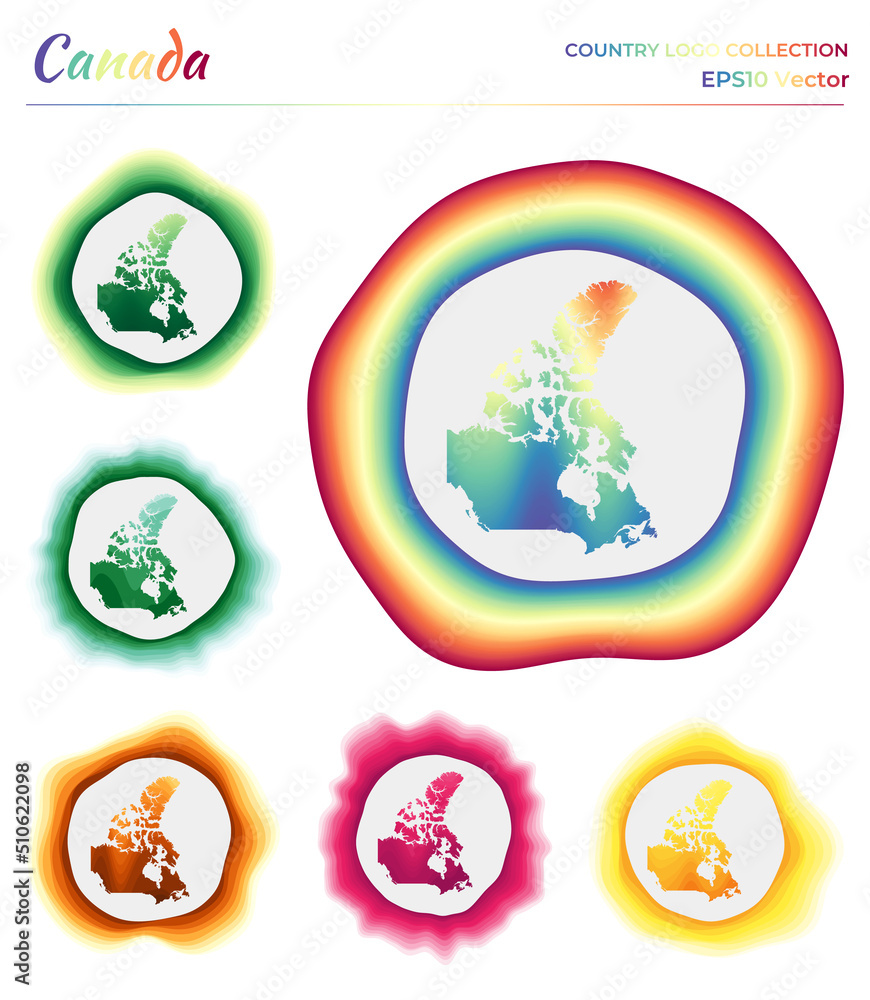 Canada logo collection. Colorful badge of the country. Layers around Canada border shape. Vector illustration. Canada logo collection. Colorful badge of the country. Layers around Canada border shape. Vector illustration.
