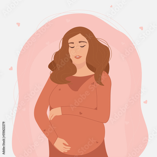 Happy pregnant woman holds her belly. Decorated with hearts and abstract background.Vector illustration.