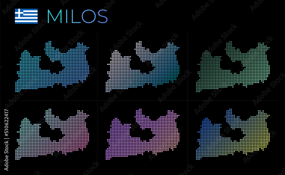 Milos dotted map set. Map of Milos in dotted style. Borders of the island filled with beautiful smooth gradient circles. Cool vector illustration. Milos dotted map set. Map of Milos in dotted style. Borders of the island filled with beautiful smooth gradient circles. Cool vector illustration.