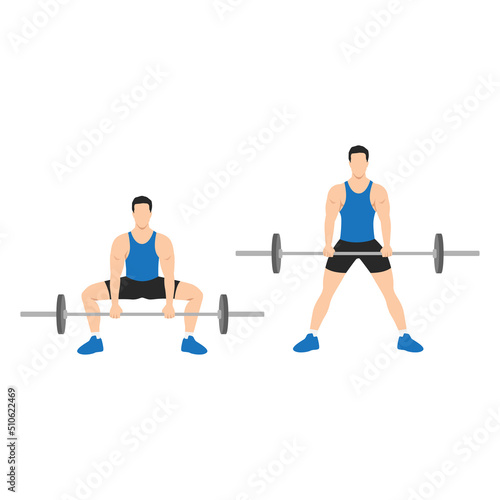Man doing Sumo Barbell deadlifts exercise. Flat vector illustration isolated on white background