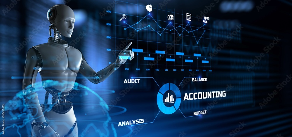 Accounting business process automation RPA concept. Robot pressing button on screen 3d render. Accounting business process automation RPA concept. Robot pressing button on screen 3d render.