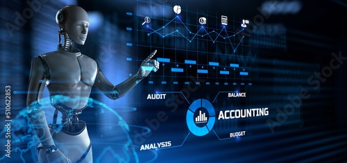 Accounting business process automation RPA concept. Robot pressing button on screen 3d render.
