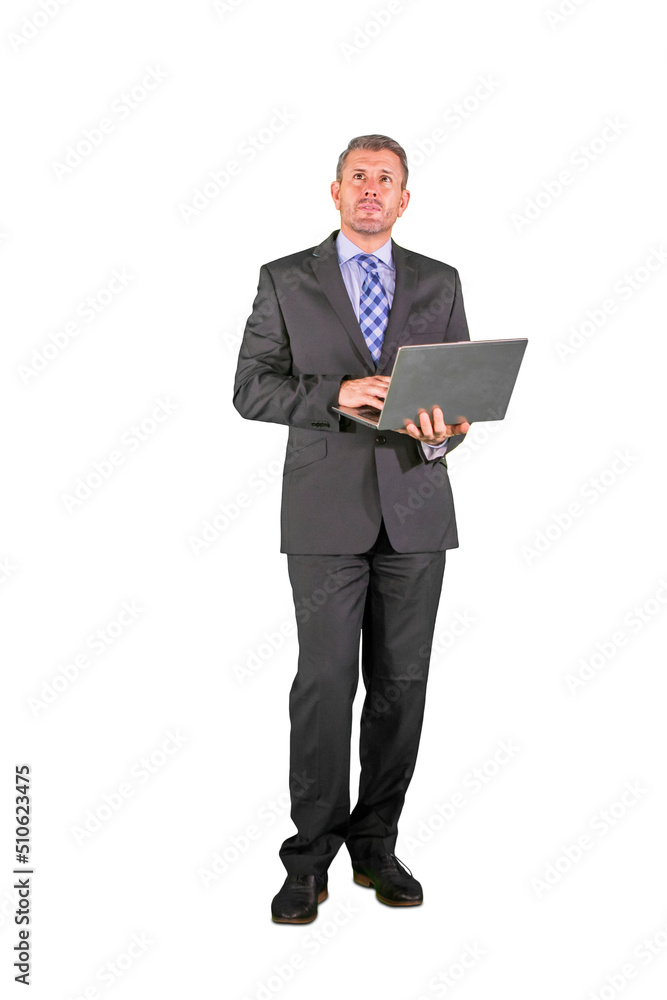 Male manager thinking an idea while using laptop Male manager thinking an idea while using laptop