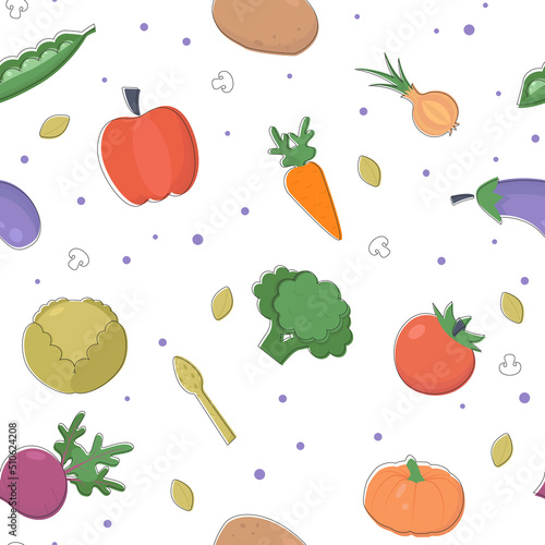 Fototapeta Naklejka Na Ścianę i Meble -  Vegetable seamless pattern. Organic farmer vegetable pattern, tomatoes, broccoli, cabbage, pumpkin, mushrooms and carrot