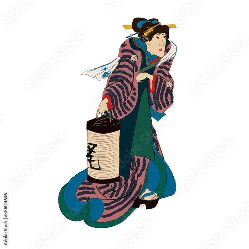 Japanese woman in kimono with latern in Japan old art vector illustration. Culture of beautiful dress and fashion traditional style. Hieroglyth means light. Orientl drawing.