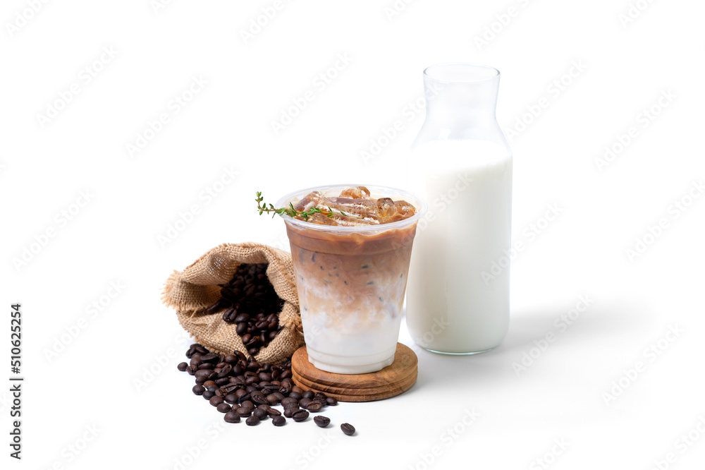 ice coffee latte with milk and coffee beans isolated on white background. coffee shop cafe menu concept. ice coffee latte with milk and coffee beans isolated on white background. coffee shop cafe menu concept.