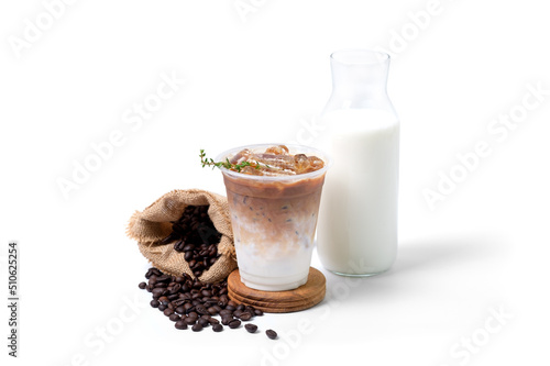 ice coffee latte with milk and coffee beans isolated on white background. coffee shop cafe menu concept.