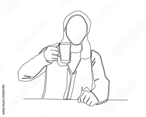 Continuous line of young man showing his mug cartoon vector. Young man picking a cup for cheering.