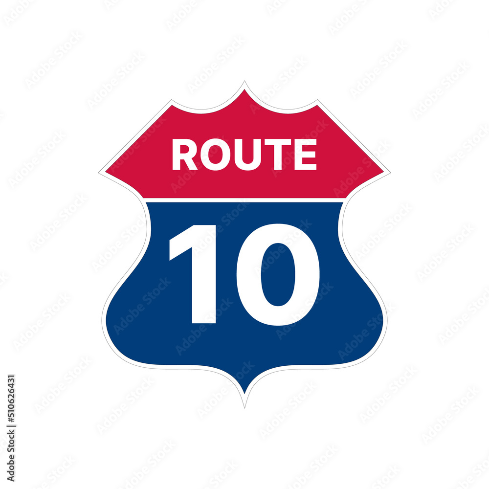 10 route road sign icon. Vector road highway interstate 10 route road sign icon. Vector road highway interstate
