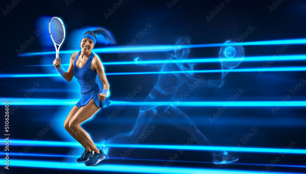 Female tennis player on blue neon background