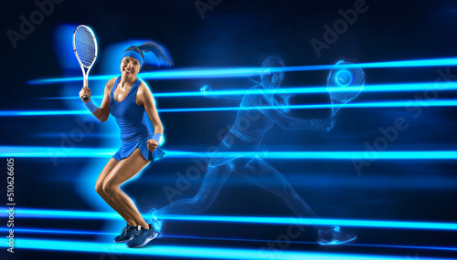 Female tennis player on blue neon background