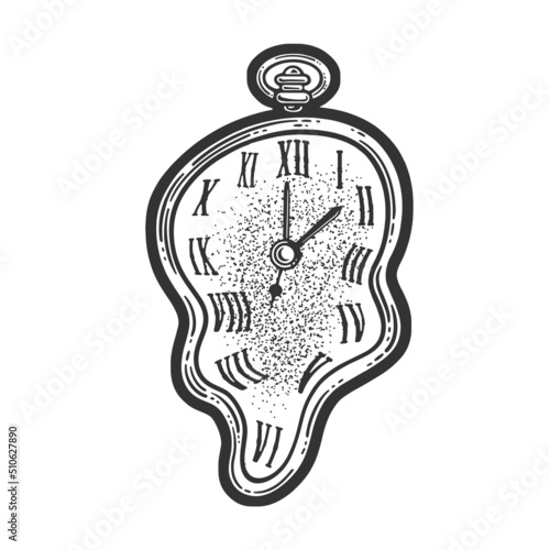 Flowing liquid time watch clock sketch engraving vector illustration. T-shirt apparel print design. Scratch board imitation. Black and white hand drawn image.