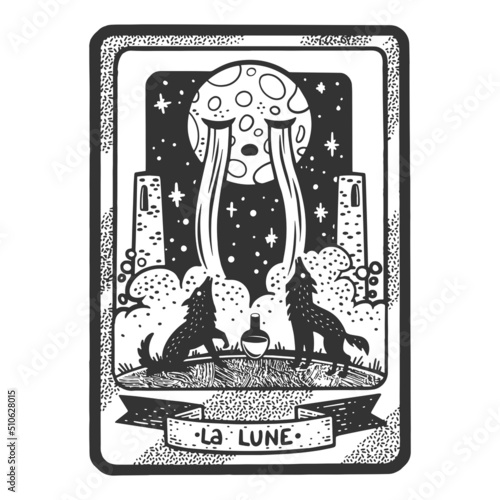Tarot playing card Moon sketch engraving vector illustration. T-shirt apparel print design. Scratch board imitation. Black and white hand drawn image.