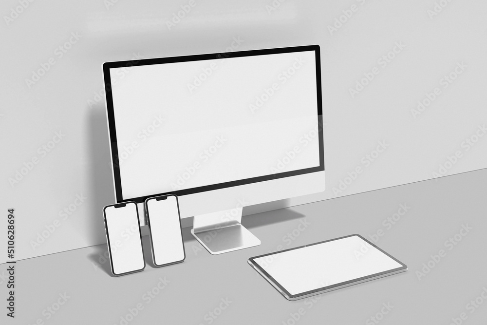 Multi devices responsive website mockup. Desktop, tablet, and smartphone screen mockup Multi devices responsive website mockup. Desktop, tablet, and smartphone screen mockup