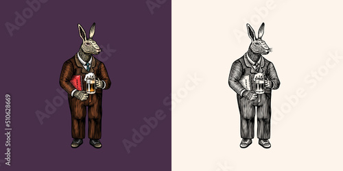 A hare man in a suit with a glass of beer. Rabbit or bunny. Fashion animal character. Hand drawn woodcut outline sketch. Vector engraved illustration for logo and tattoo or T-shirts. 