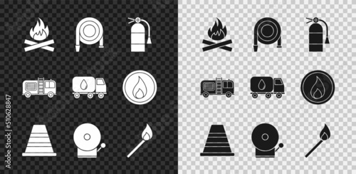 Set Campfire, Fire hose reel, extinguisher, Traffic cone, Ringing alarm bell, Burning match with, truck and Water delivery icon. Vector