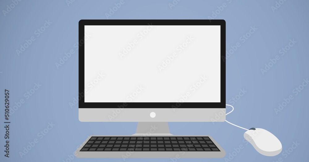 Illustrative image of desktop computer with keyboard and mouse against blue background, copy space
