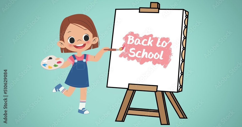 Illustration of girl holding palette painting back to school text on canvas against blue background Illustration of girl holding palette painting back to school text on canvas against blue background