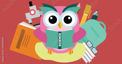Illustration of owl with backpack, books, pen, pencil, eyeglasses, telescope reading science book