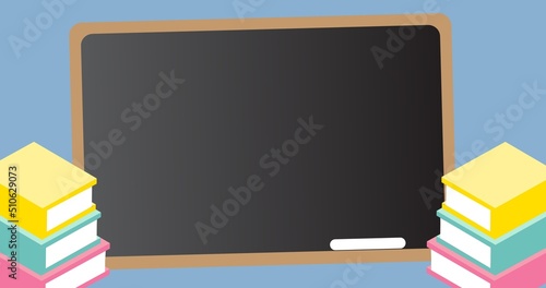 Illustration of blank writing slate with chalk and colorful books on blue background, copy space