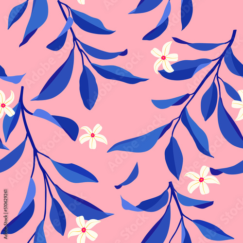 Seamless summer pattern with leaves and flowers. Vector elegant floral background.