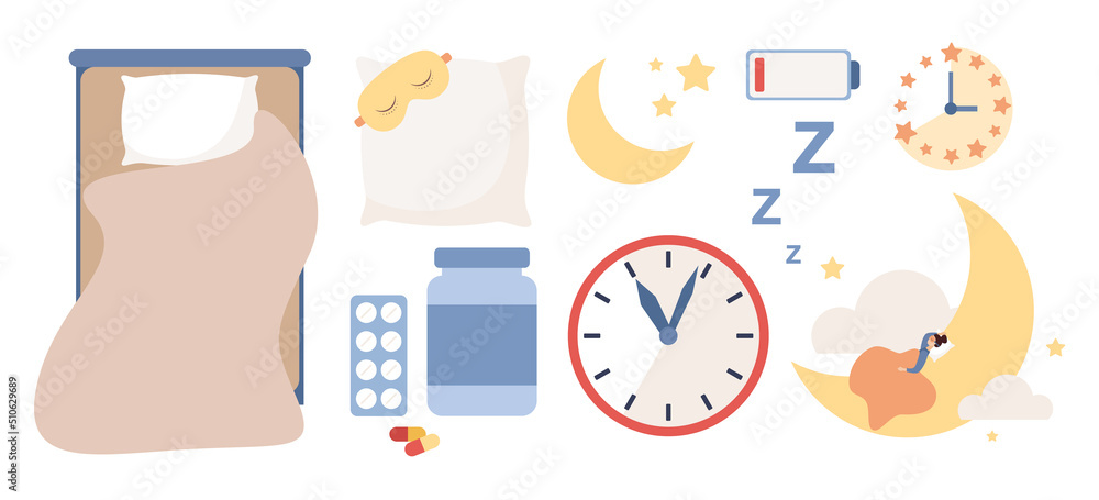 Sleep icon set. Sleep control. Sweet dreams. Sleep time. Good health, work of biological rhythms. Sleeping pills, alarm clock, pillow, sleeping mask, bed, moon, cloud, stars. Vector flat illustration Sleep icon set. Sleep control. Sweet dreams. Sleep time. Good health, work of biological rhythms. Sleeping pills, alarm clock, pillow, sleeping mask, bed, moon, cloud, stars. Vector flat illustration