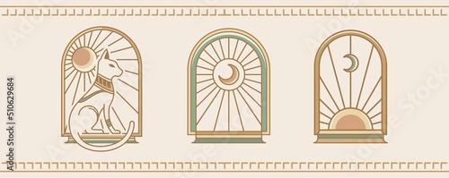 Ancient Egypt artwork illustration . vector. Bohemian line logo art. Icon and symbols with Cat, sun and moon. arch window design geometric abstract design elements for decoration vector Illustration photo