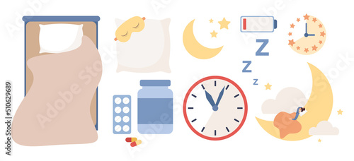 Sleep icon set. Sleep control. Sweet dreams. Sleep time. Good health, work of biological rhythms. Sleeping pills, alarm clock, pillow, sleeping mask, bed, moon, cloud, stars. Vector flat illustration