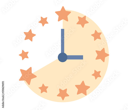 Sleep time icon. Clock with stars sign. Sleep control. Sweet dreams. Time management concept. Healthy lifestyle. Vector flat illustration