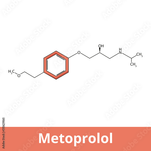 Chemical structure of metoprolol. It is a selective β1 receptor blocker medication, used to treat high blood pressure, chest pain due to poor blood flow, condition involving abnormally fast heart rate