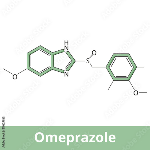 Chemical structure of omeprazole. Omeprazole is a medication used in the treatment of gastroesophageal reflux disease (GERD), peptic ulcer disease, and Zollinger–Ellison syndrome. photo