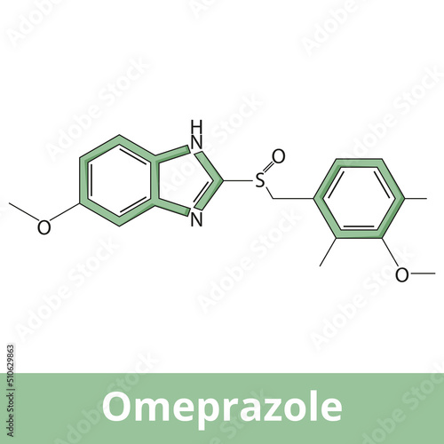 Chemical structure of omeprazole. Omeprazole is a medication used in the treatment of gastroesophageal reflux disease (GERD), peptic ulcer disease, and Zollinger–Ellison syndrome.
