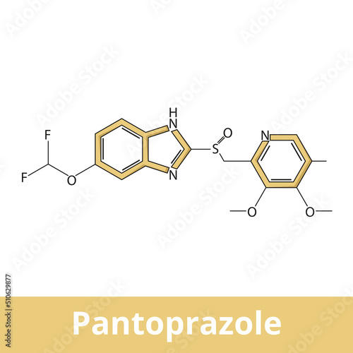 Chemical structure of pantoprazole. It is a proton pump inhibitor used for treatment of stomach ulcers, erosive esophagitis due to gastroesophageal reflux disease, hypersecretory conditions.