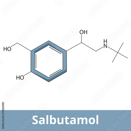Chemical structure of salbutamol. It is a medication that opens up airways in the lung, used to treat asthma, including asthma attacks, exercise-induced bronchoconstriction, COPD.