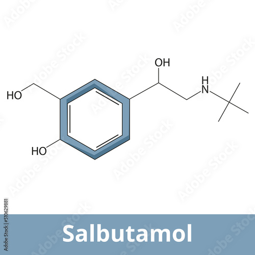 Chemical structure of salbutamol. It is a medication that opens up airways in the lung, used to treat asthma, including asthma attacks, exercise-induced bronchoconstriction, COPD. photo
