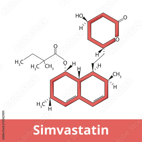 Chemical structure of simvastatin. It is a statin, a type of lipid-lowering medication, used to decrease elevated lipid levels, risk of heart problems.