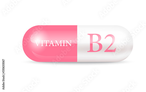 Capsule vitamin B2 structure pink and white. Beauty concept. Personal care. 3D Vector Illustration. transparent capsule pill. Drug business concept. Vitamin complex with chemical formula.