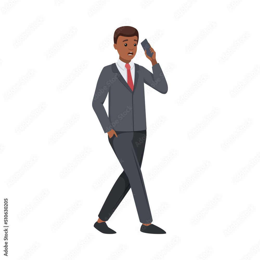 Office African American Man Character in Suit and Red Tie Walking and Speaking by Phone Vector Illustration Office African American Man Character in Suit and Red Tie Walking and Speaking by Phone Vector Illustration