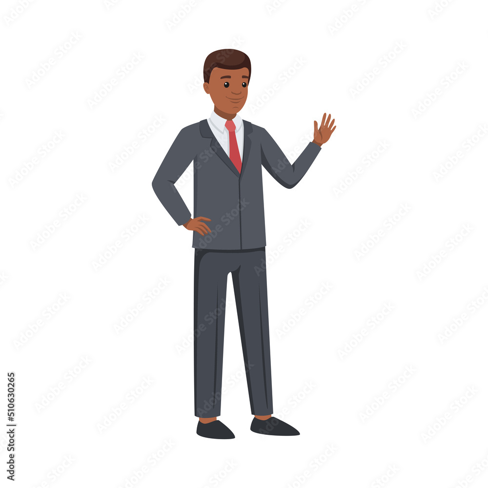 Office African American Man Character in Suit and Red Tie Standing and Waving Hand Vector Illustration Office African American Man Character in Suit and Red Tie Standing and Waving Hand Vector Illustration