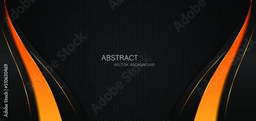 Abstract black and orange curves on dark steel mesh background with free space for design. modern technology innovation concept background
