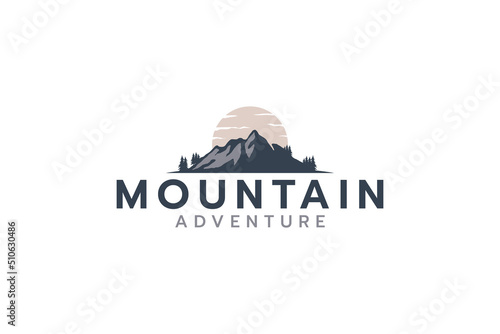 mountain adventure logo with a mountain view and natural colors.