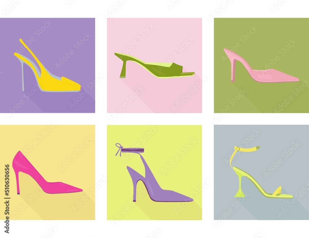 Women's shoes with heels. A set of color illustrations of shoes.