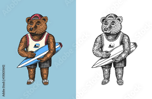 Bear in vintage costume. Surfer in a T-shirt and cap with a surfboard. Hand drawn sketch. Fashion animal character. Retro look. Vector engraved illustration 