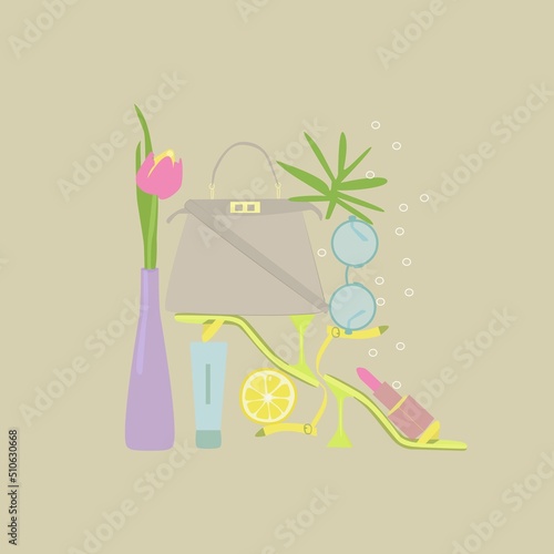 Composition of women's jewelry and accessories, a glass and a flower in a vase. Flat illustration on a colored background. Card photo
