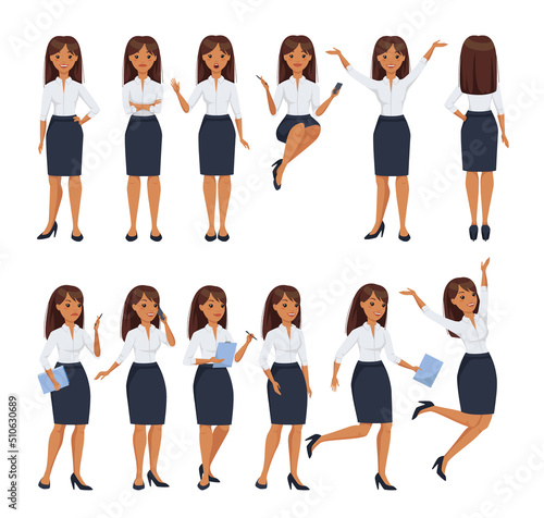 Office Woman Character in White Blouse and Skirt in Different Pose Vector Set
