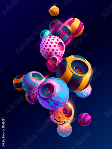 Party poster design with 3D colorful speaker. Musical vector illustration.