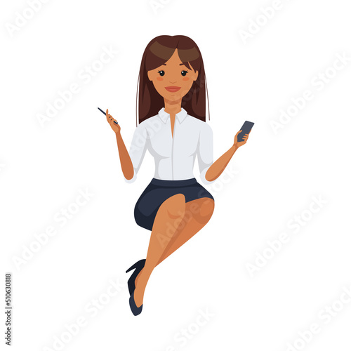 Office Woman Character Wearing White Blouse and Skirt in Sitting Pose with Smartphone and Pen Vector Illustration