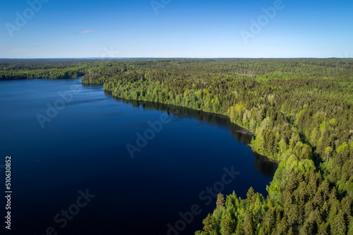 Aerial view of blue lakes and green forests on a sunny summer day in Karelia