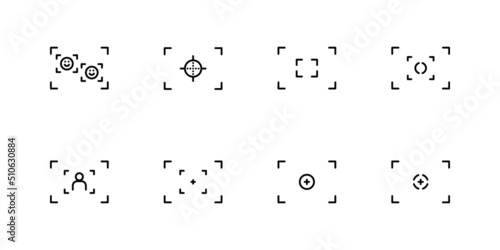 Photo and Video Camera Interface. Goal Related Vector Icon Set. Focus, Stabilize, Blur, Zoom in, Zoom out. Done in Modern Black Linear Style Isolated on White Background.